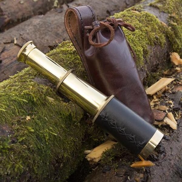 Telescope with leather pouch - Brass