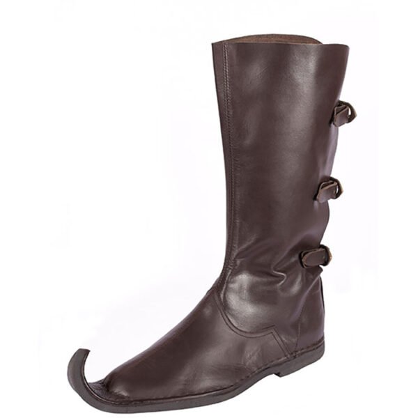 Medieval Peaked Boots w/ three buckles, dark brown